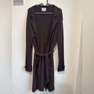 Brown Ribbed Knit Open Cardigan with Belt